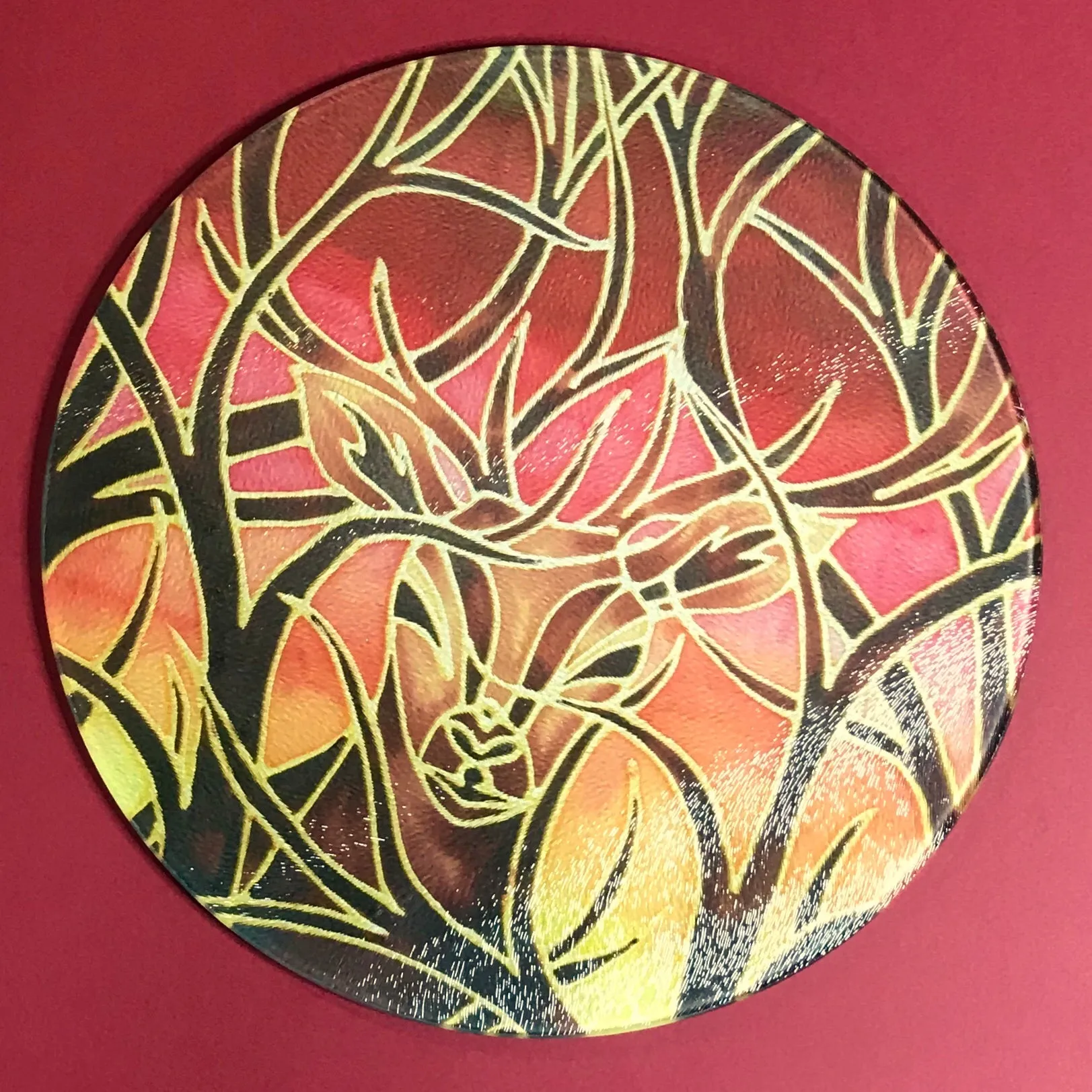 Red Stag Glass Chopping Board - Stag Trivet - Forest Pot Stand - Heat Proof Table Top Saver - Decorative Platter