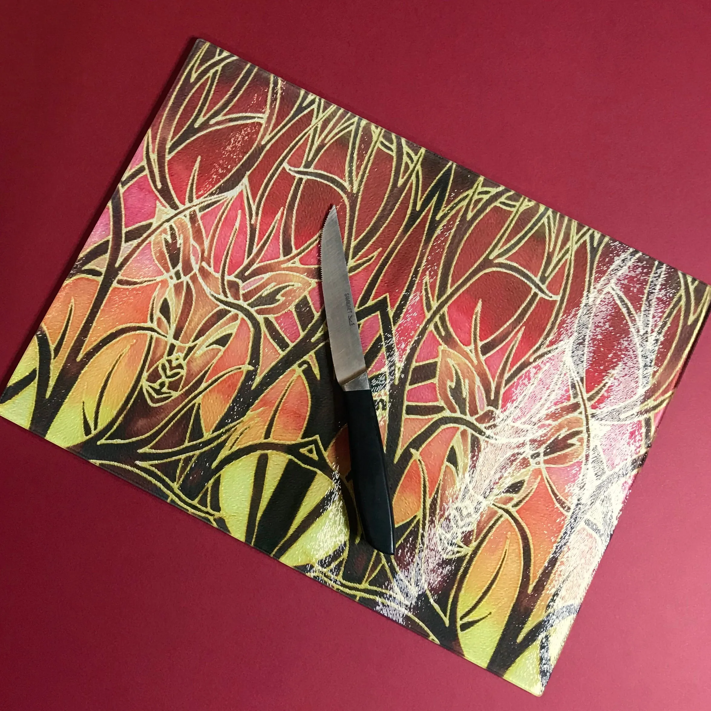 Red Stag Glass Chopping Board - Stag Trivet - Forest Pot Stand - Heat Proof Table Top Saver - Decorative Platter