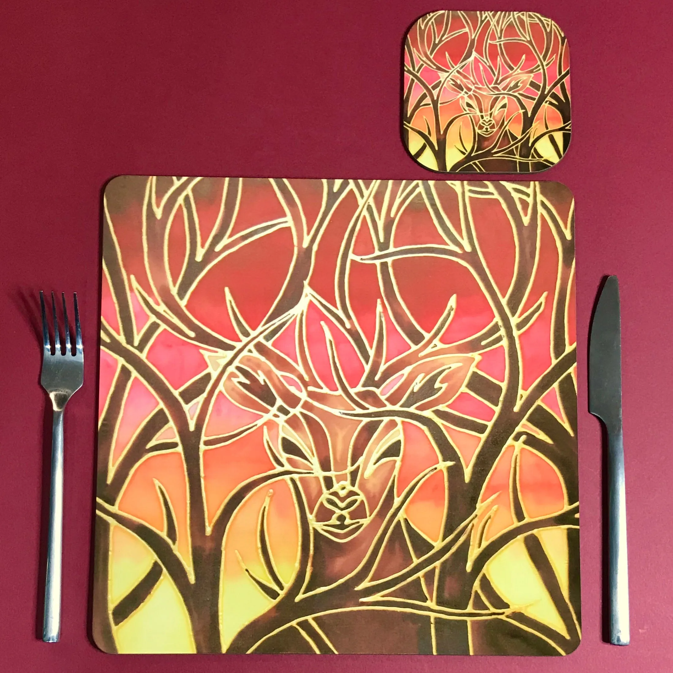 Red Stag Glass Chopping Board - Stag Trivet - Forest Pot Stand - Heat Proof Table Top Saver - Decorative Platter