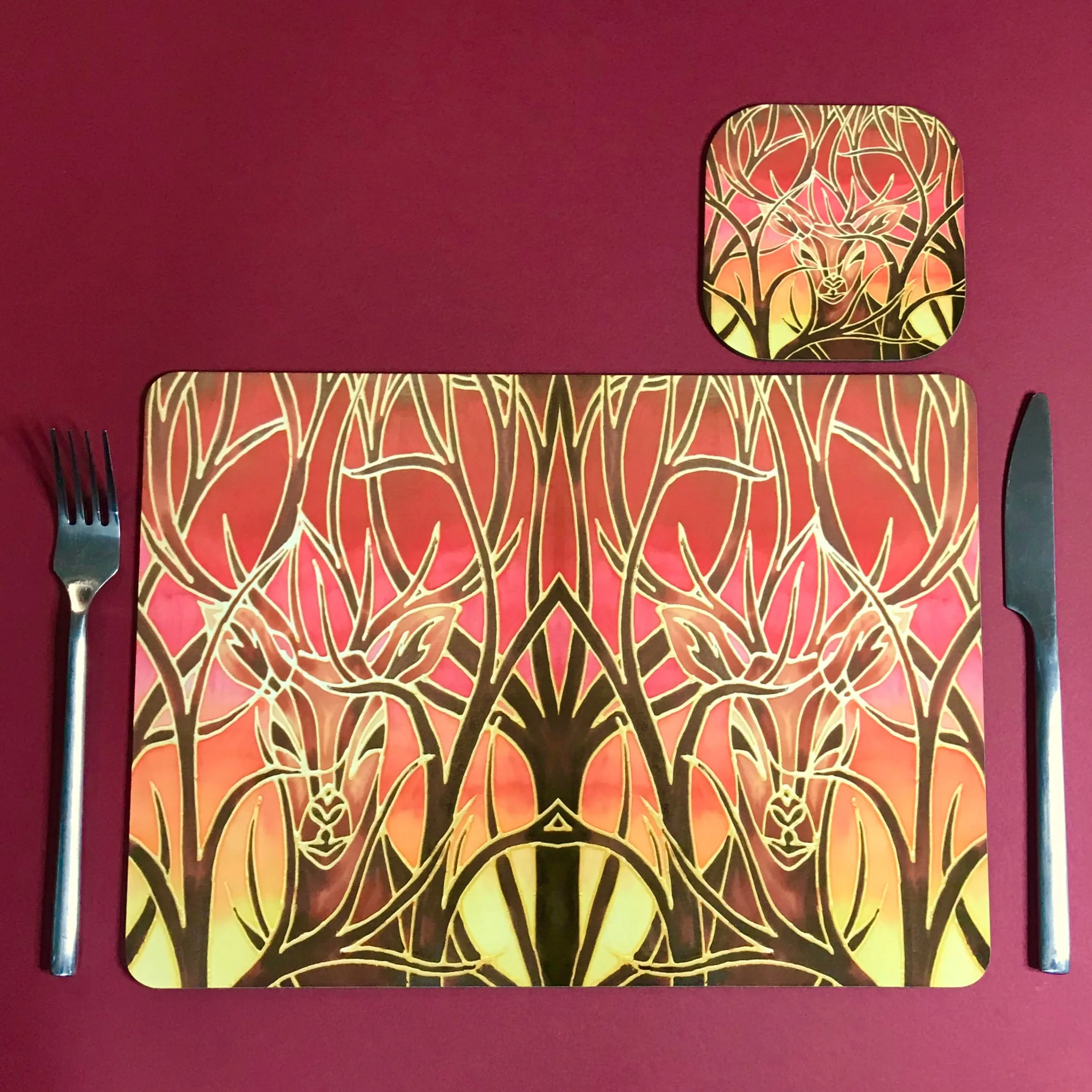 Red Stag Glass Chopping Board - Stag Trivet - Forest Pot Stand - Heat Proof Table Top Saver - Decorative Platter